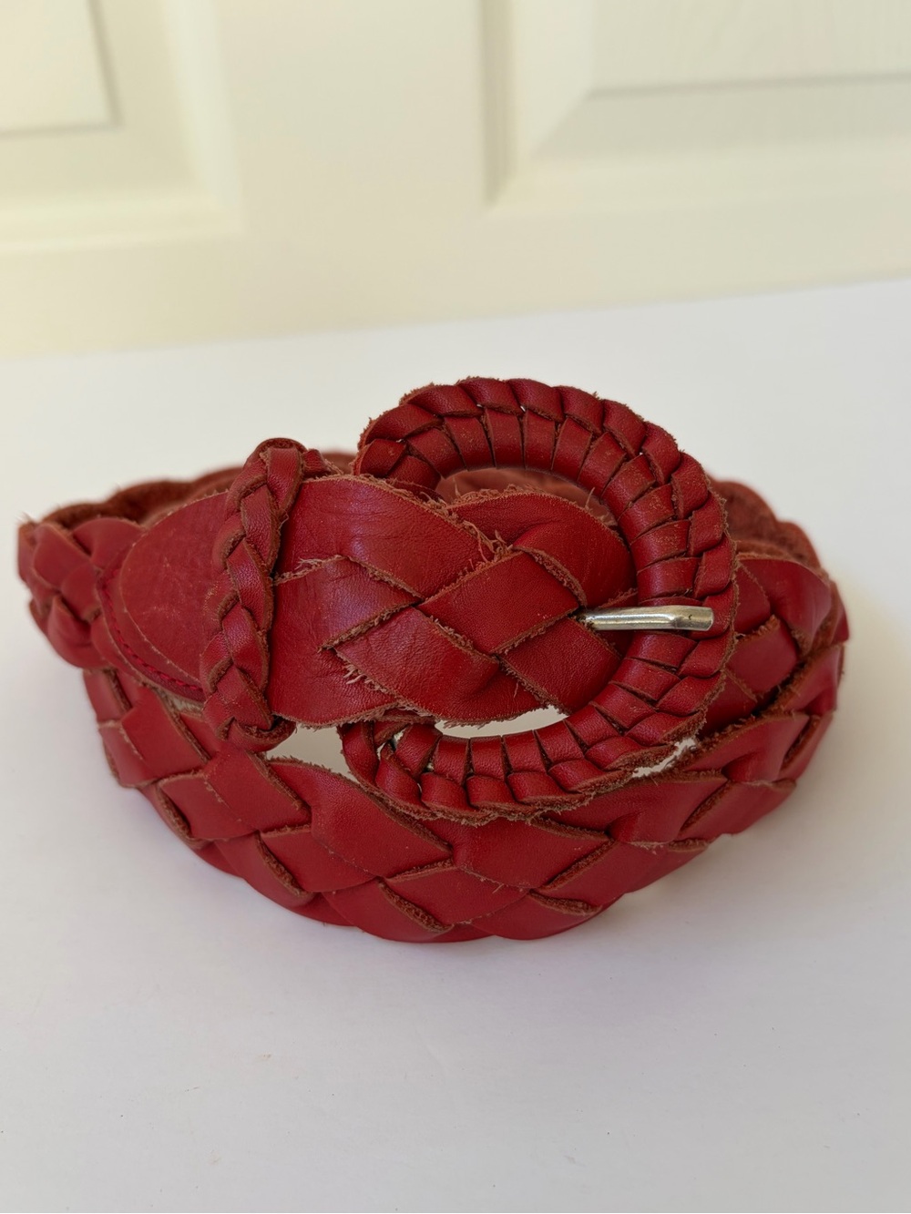 Vintage Outback Red Leather Braided Belt Soft Adjustable Braided Buckle Boho S/M
